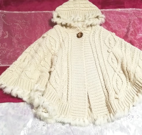 Flax color knit cardigan rabbit fur poncho cape Flax color knit cardigan rabbit fur poncho cape